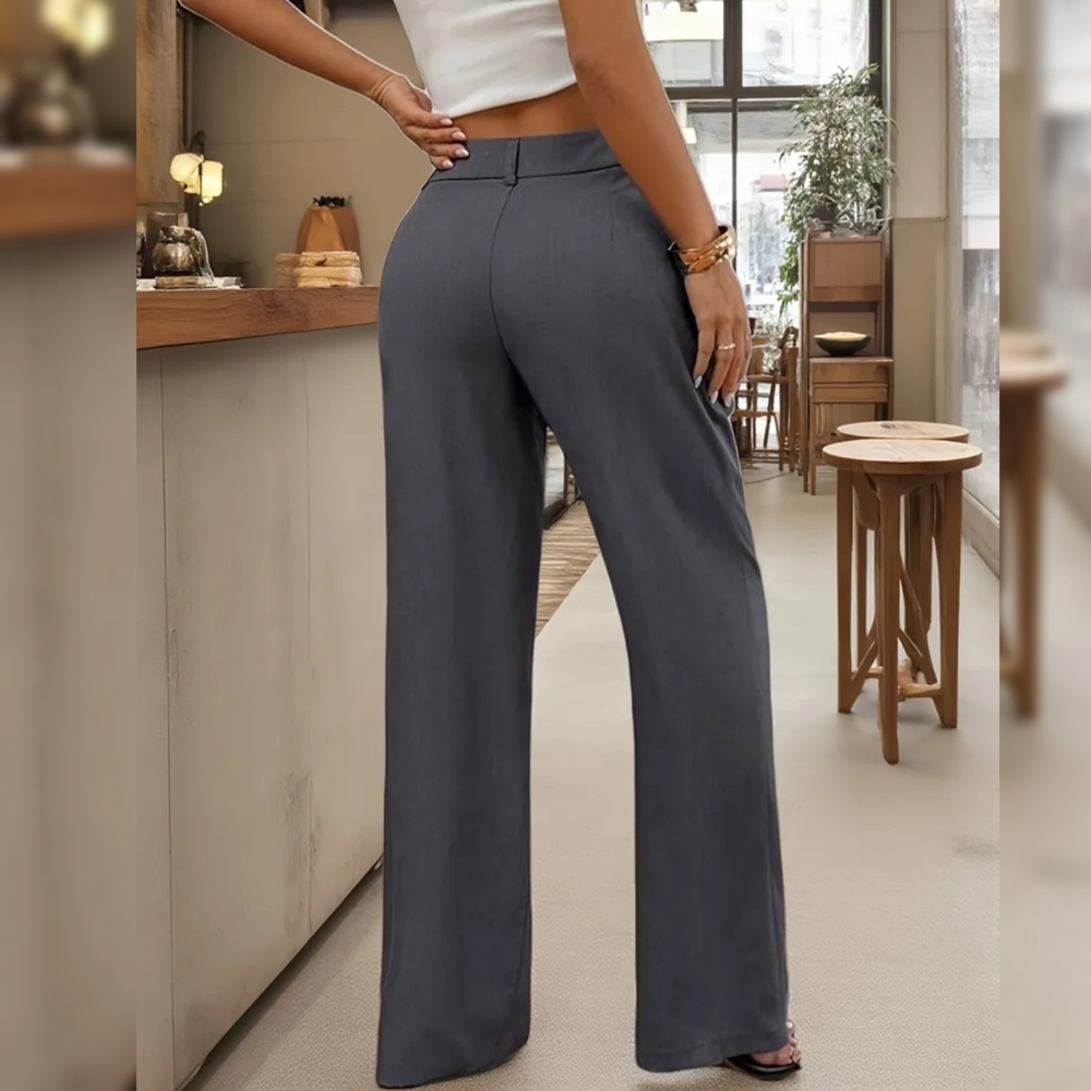 Women's Solid Color High Rise Button Front Pleated Wide Leg Loose Pants Grey M - Picture 4 of 7
